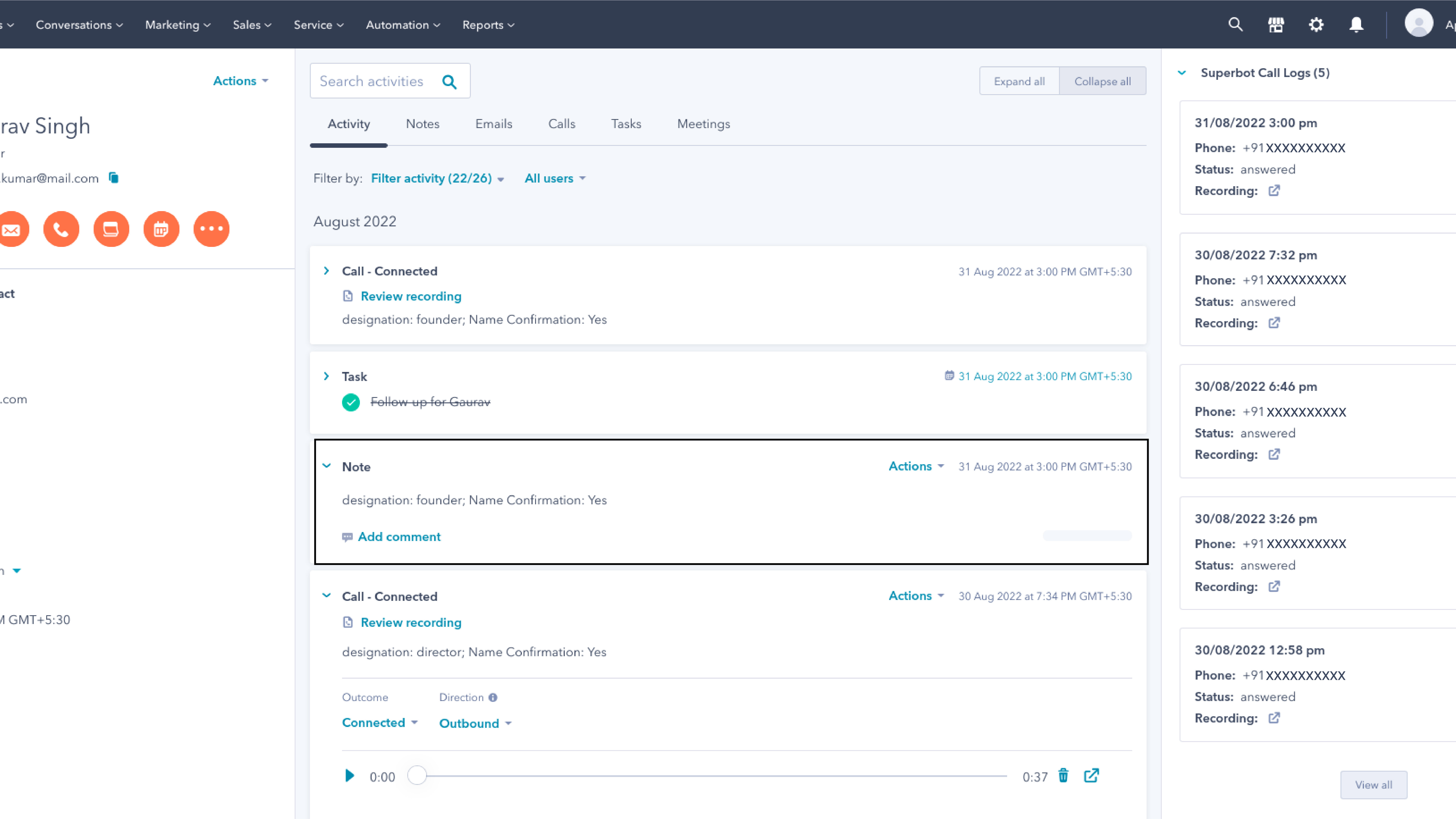 Add Notes in Lead/Contact