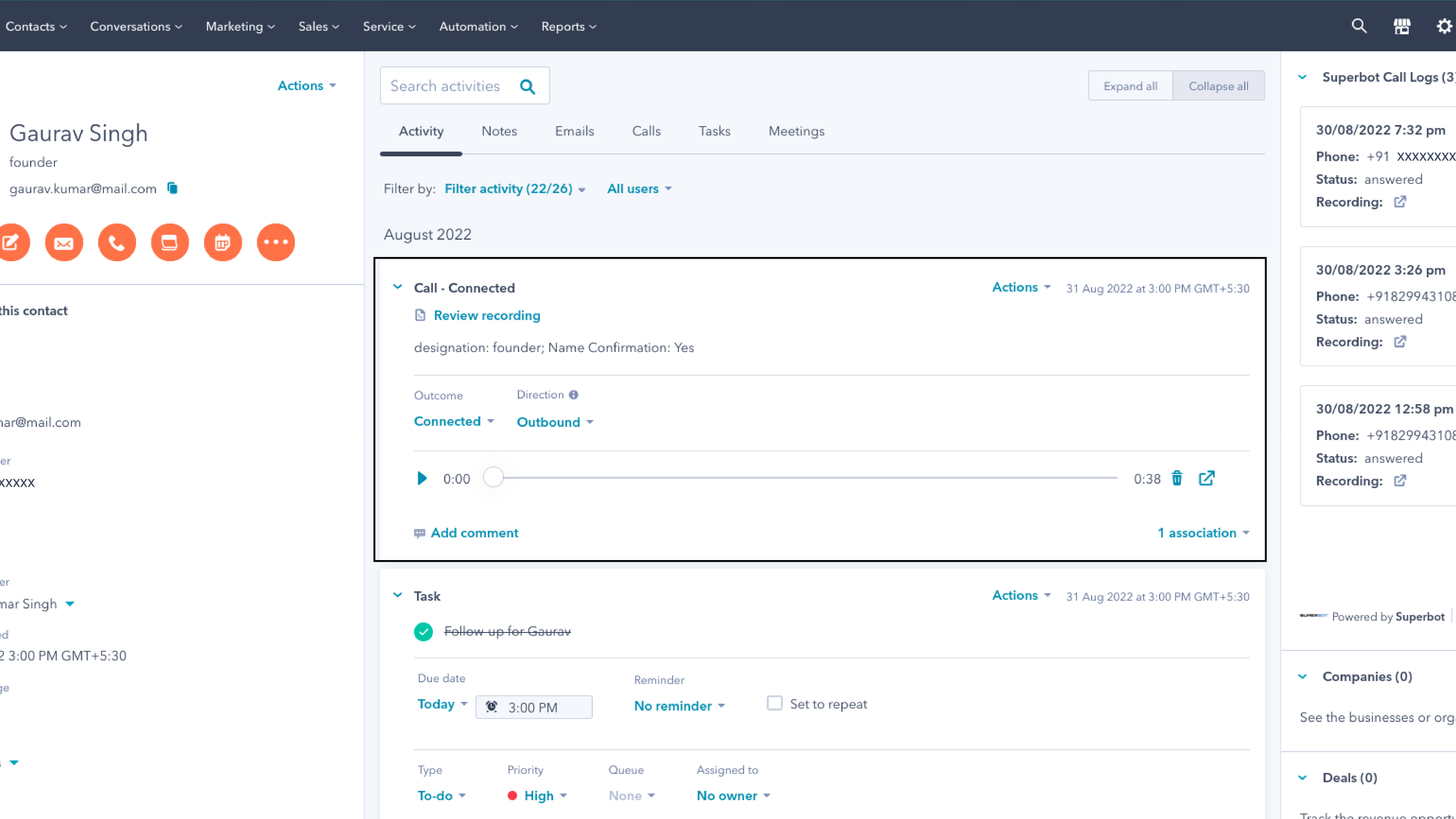 Add SuperBot call recording Lead/Contact