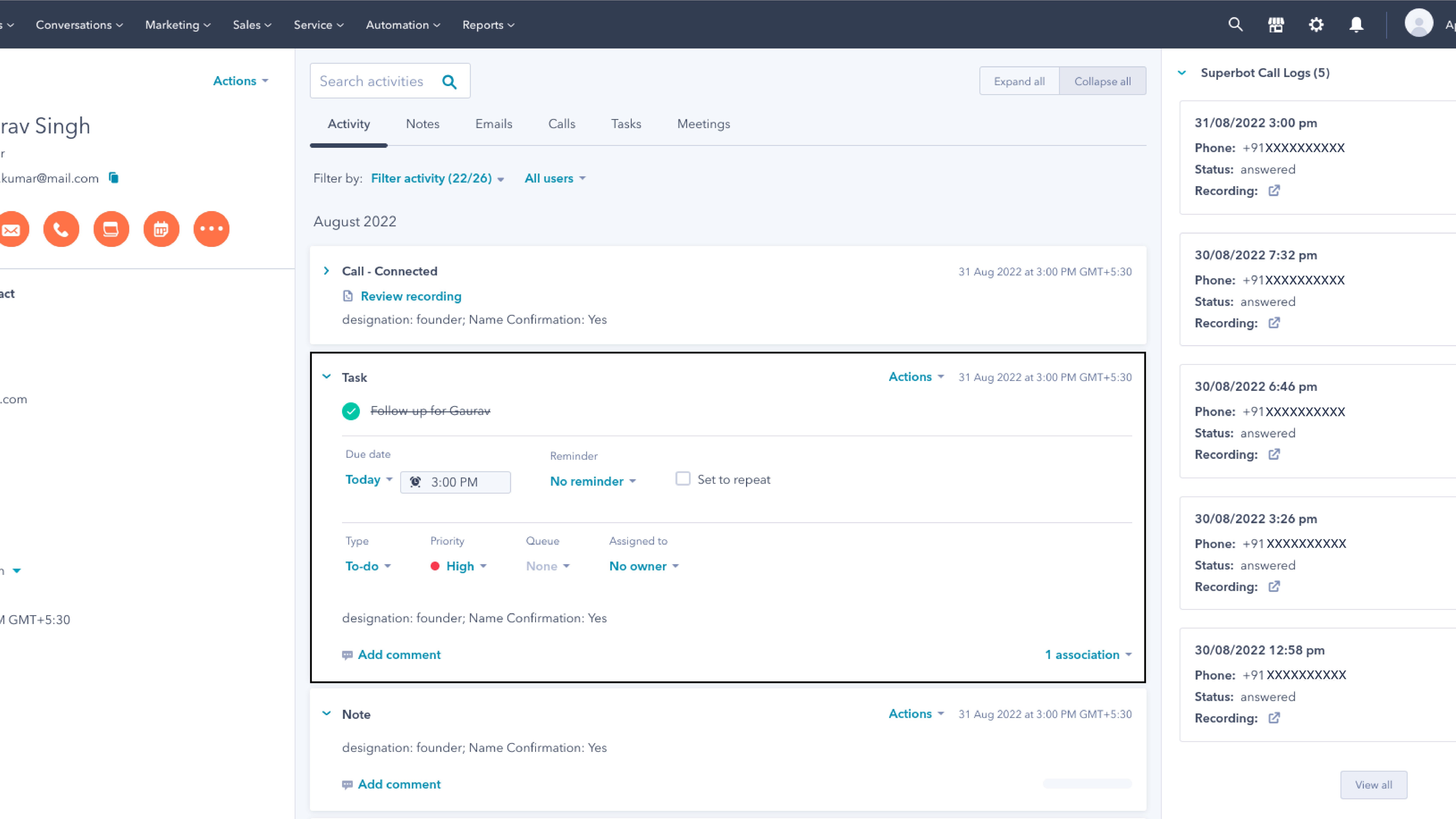 Add task under Lead/Contact